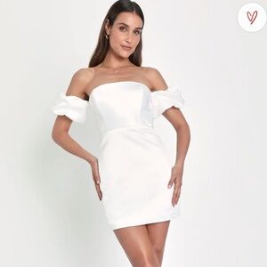 Lulus Significant Sensation White Satin Off-the-Shoulder Mini Dress, Small NWT